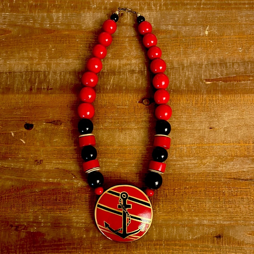 Unbranded Wooden Blue and Red Anchor Statement Necklace with Hook Clasp